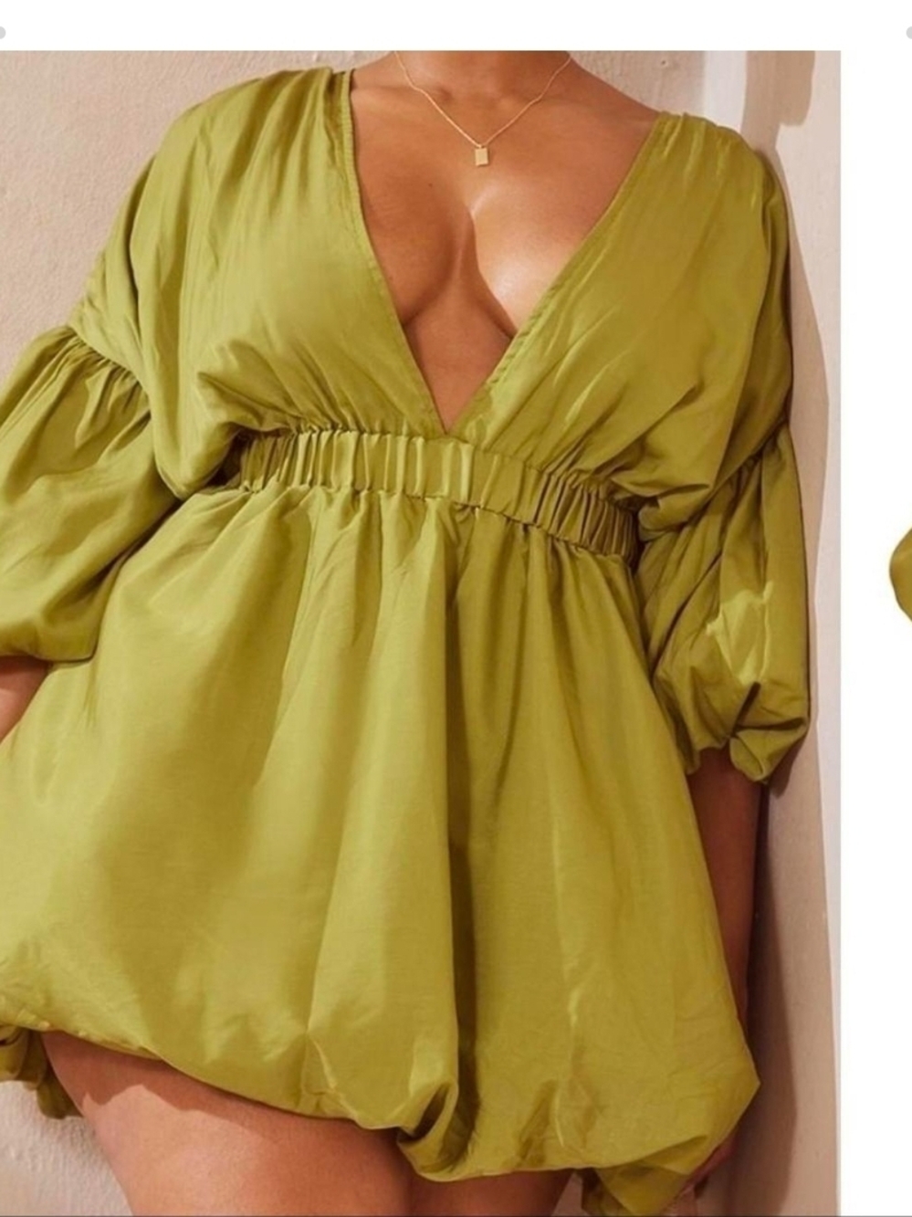 PrettyLittleThing Olive Puff Sleeve Puffball Hem Shift Dress